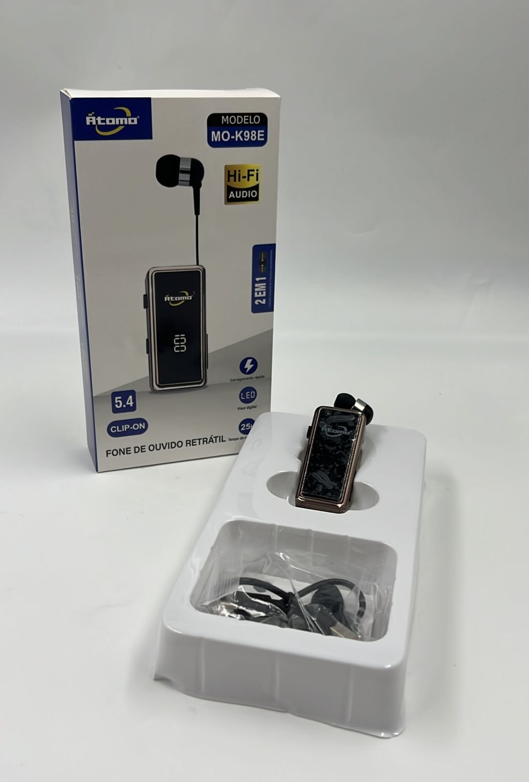 Fone de ouvido retrátil bluetooth 
ÁTOMO MO-K98E
