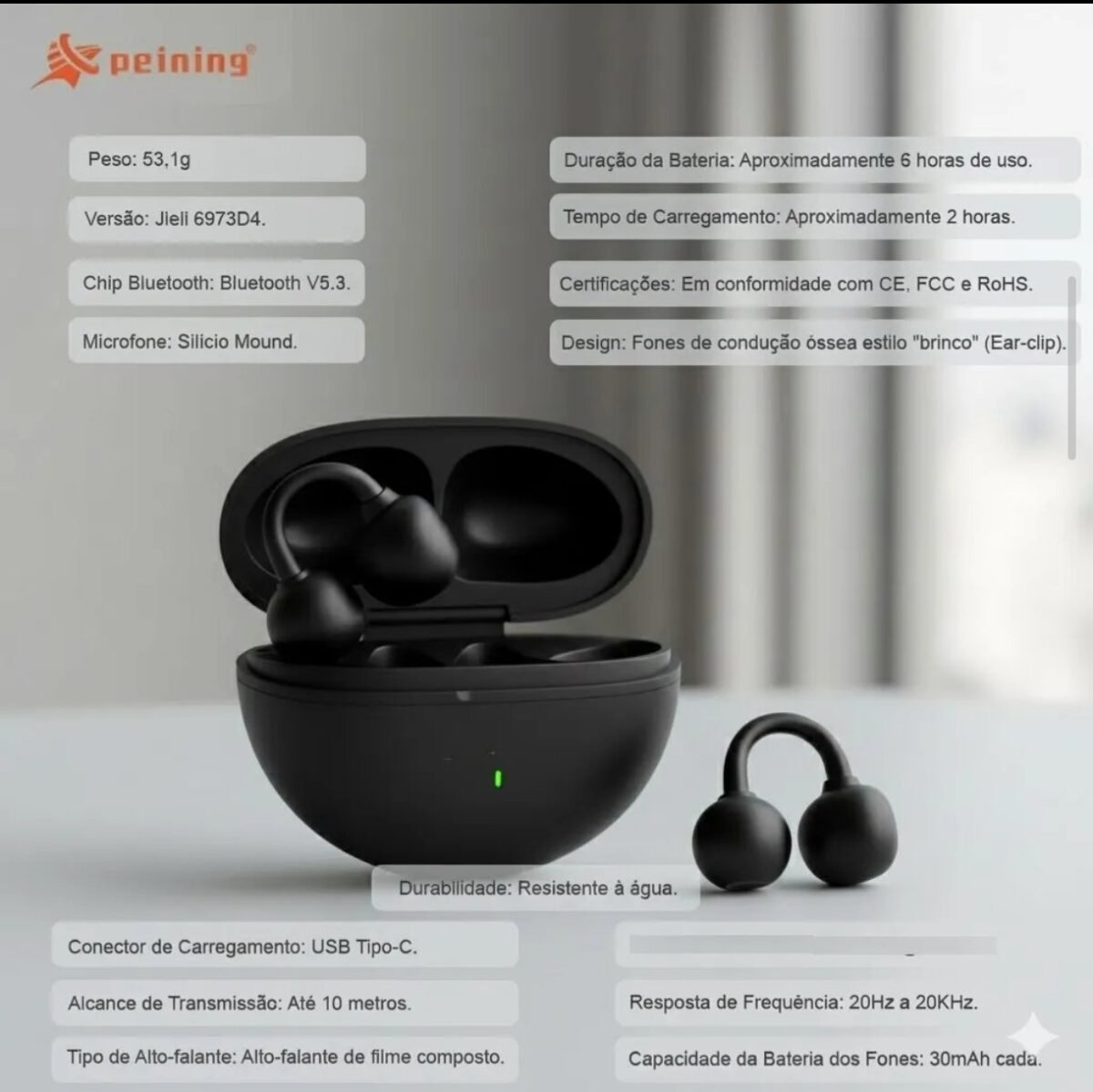 Fone tipo brinco bluetooth PEINING PEI-P102 - Imagem 3