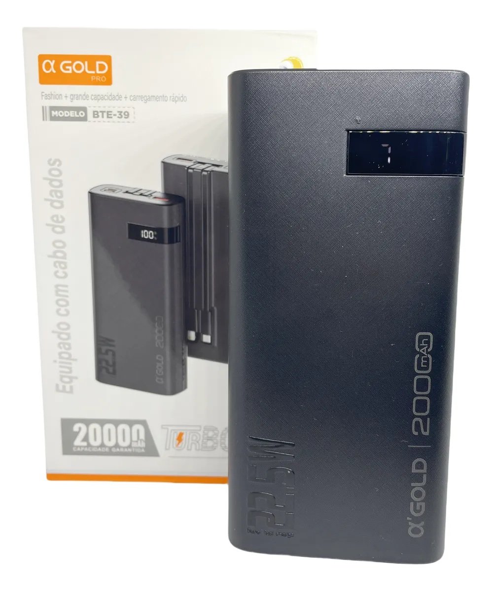 Power Bank Portátil A'Gold 20.000mAh Turbo 22.5W Preto Carregamento Rápido
